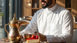A person seated at a table with a tray containing a teapot, a cup, and a slice of cheesecake. The setting includes wooden paneling and a view through large windows. - Novotel Madinah (Madinah)