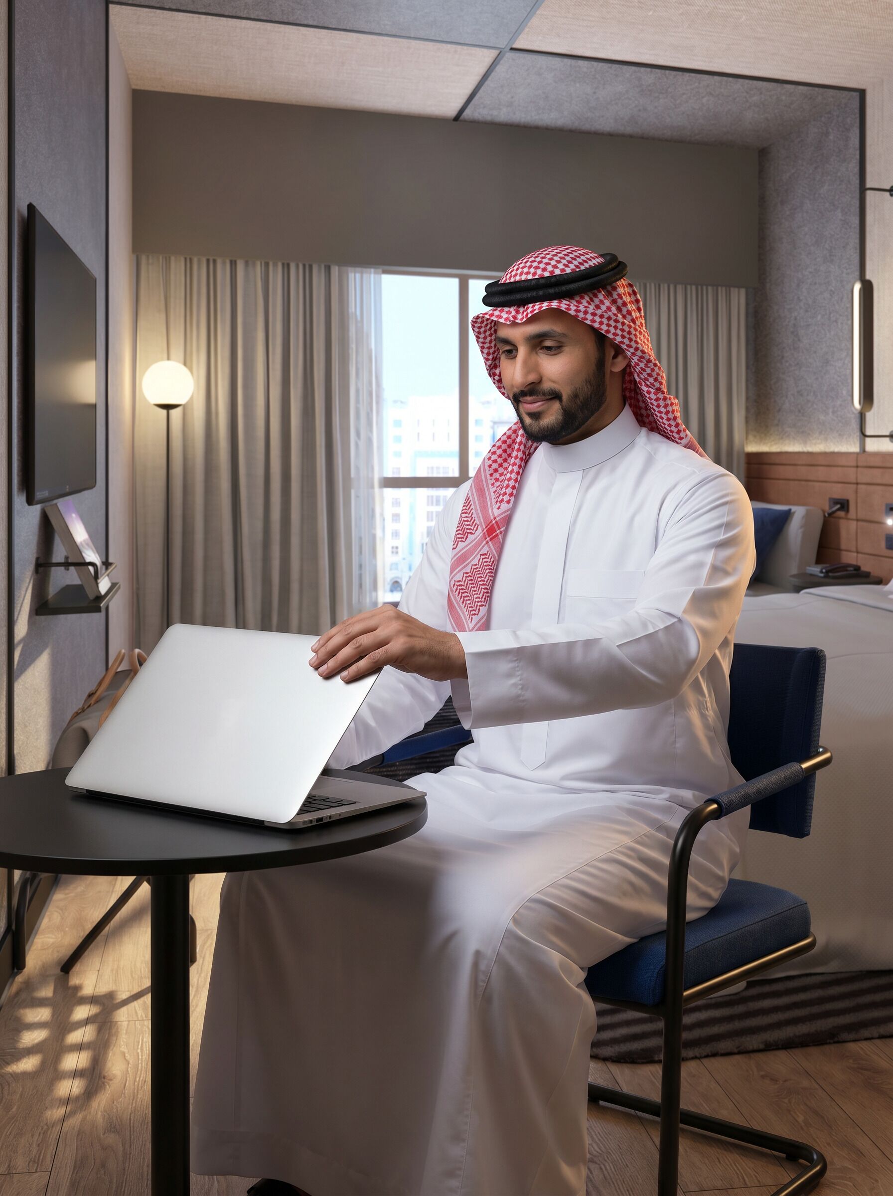 A man in traditional attire using a laptop in a modern hotel room with a view of buildings through the window.