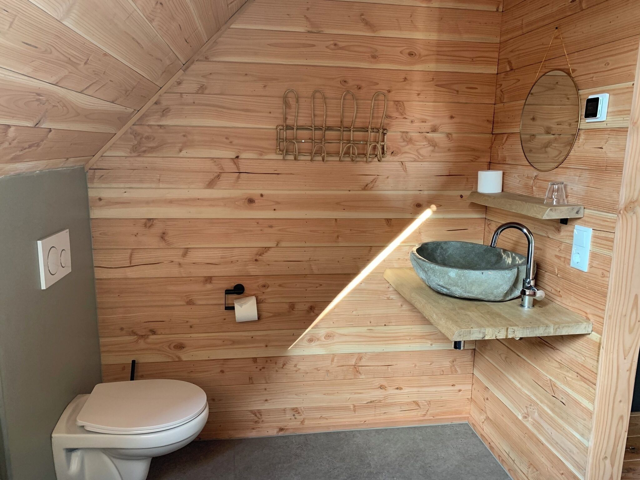 Baño de una cabaña de madera pequeña con inodoro, lavamanos, espejo y perchero para toallas.