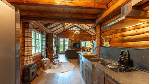 Ein Blockhaus-Interieur mit Küche, Essbereich und einem gemütlichen Kamin.