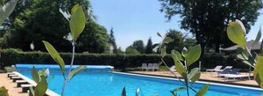 Ein Swimmingpool mit Liegestühlen und Grünflächen im Hintergrund.