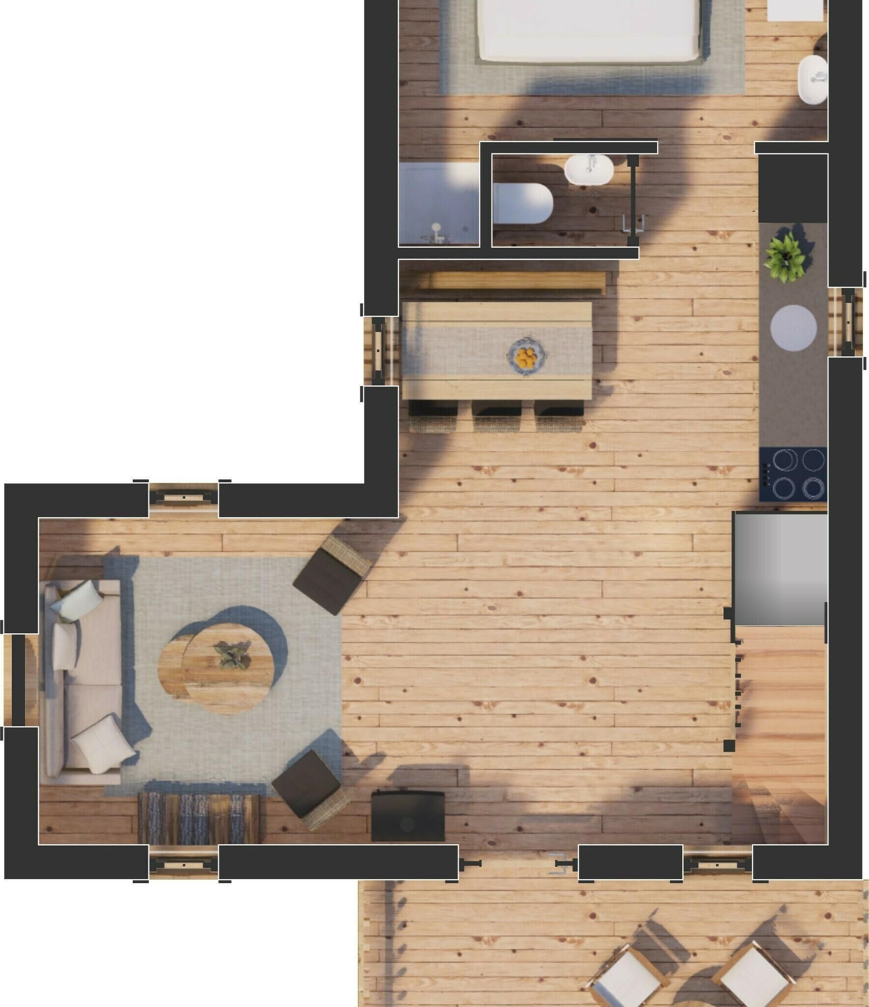 A top-down view of a modern hotel room with a wooden floor, a sofa set, a dining table, a small kitchen area, and a bathroom.