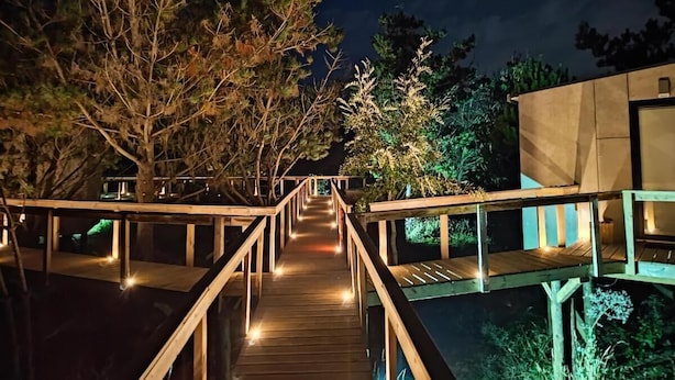 Un puente de madera que conduce a un edificio con balcón, rodeado de árboles e iluminado por luces.