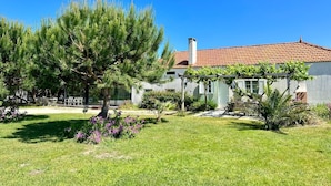 Una casa con techo de tejas rojas, una pérgola con enredaderas y un césped cuidado con un árbol grande y flores moradas.
