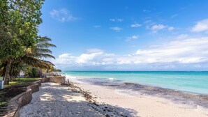A beach with clear turquoise water, sandy shore, and palm trees. - Cocokinondo Villa & Boutique Hotel (Diani Beach)