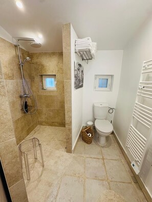 Une salle de bain avec une douche, des toilettes et un radiateur.