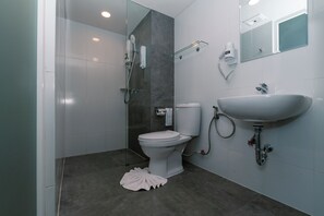 Habitación estándar doble, vistas al río | Baño | Ducha, secador de pelo, toallas y jabón