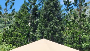 A beige tent with a screened porch, a table, and chairs. - Finch Falls Retreat (Finch Hatton)