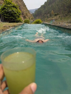 A swimming pool with a person in the water, surrounded by greenery and hills. - Resort Blue Lotus (Ranikhet)