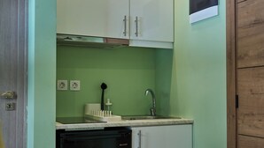 Une cuisine compacte équipée d’un lave-vaisselle intégré, d’un évier et de placards.