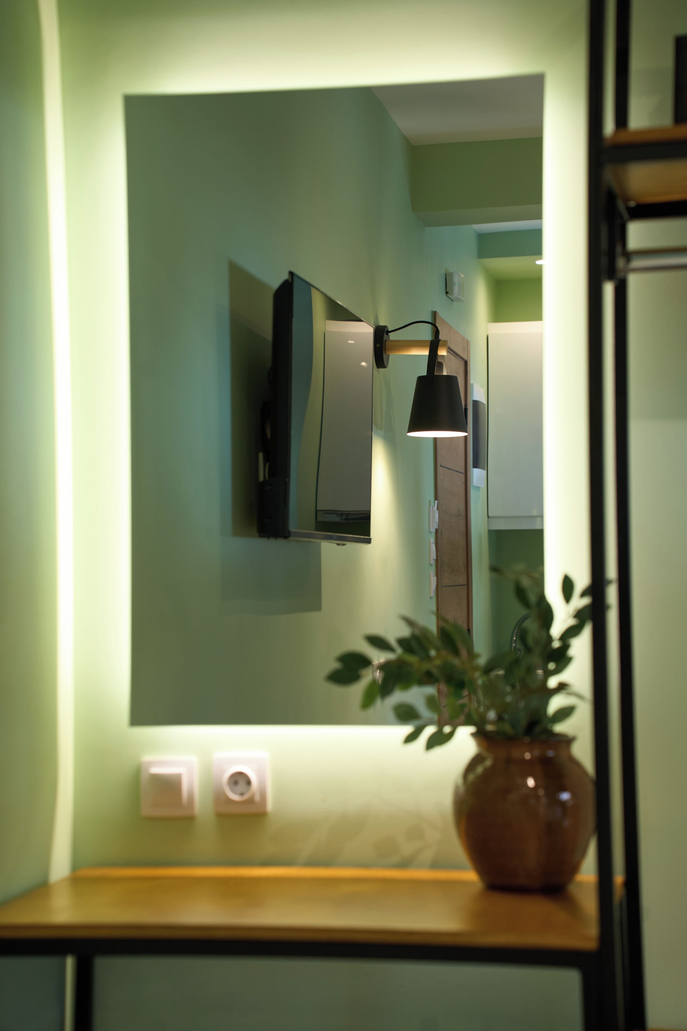 A bathroom with a mirror, a wall-mounted light fixture, and a potted plant on a wooden counter.