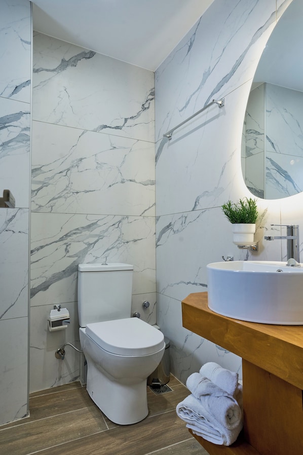 Une salle de bain avec des toilettes, un lavabo et un miroir.