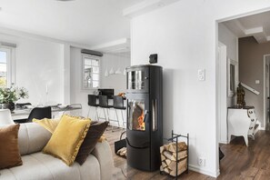 Een televisie en een open haard