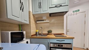 Eine kompakte Küche mit Mikrowelle, Backofen und Spüle. Auf der Arbeitsplatte steht eine kleine Pflanze.