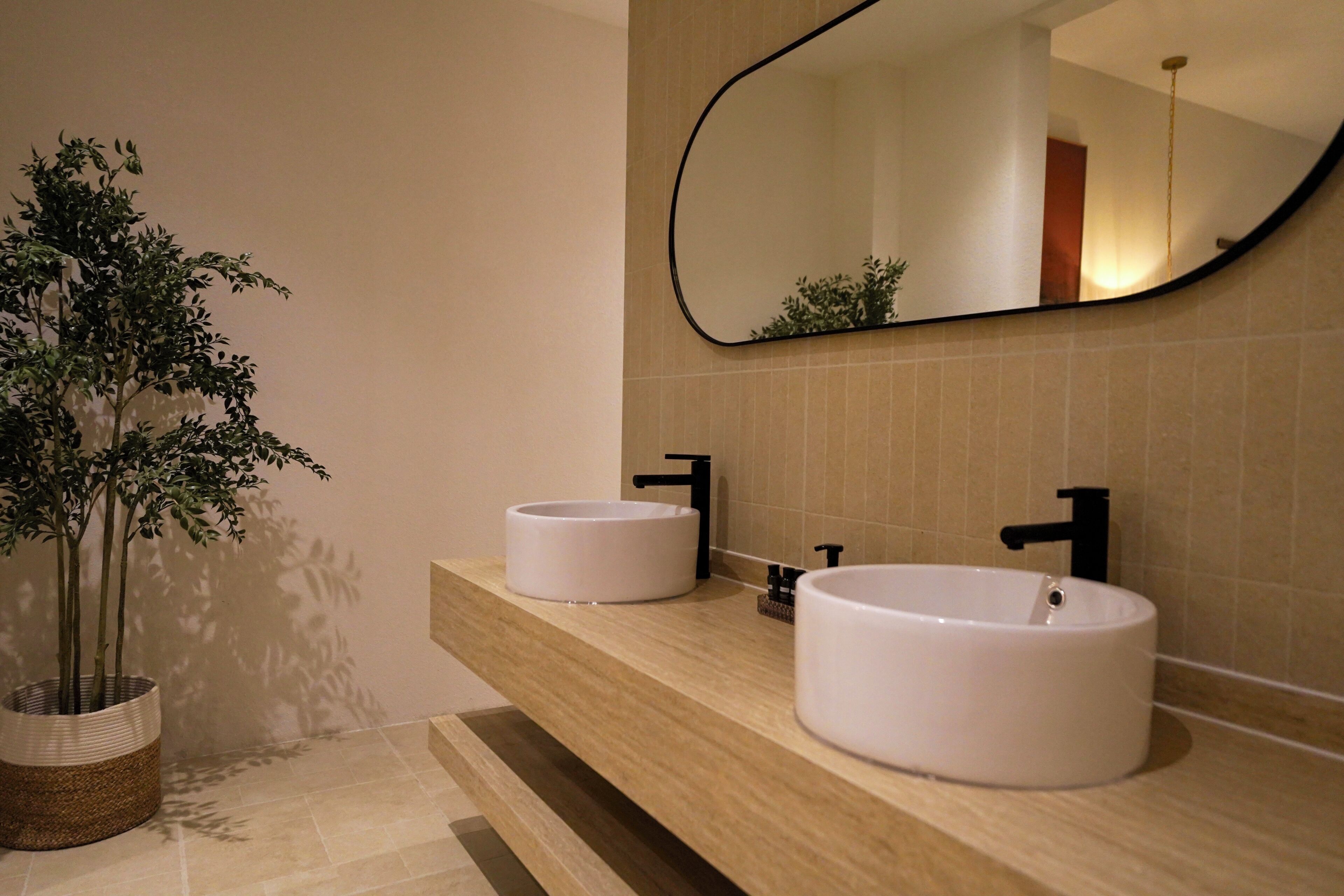 A bathroom with two white sinks, a large mirror, and a potted plant.