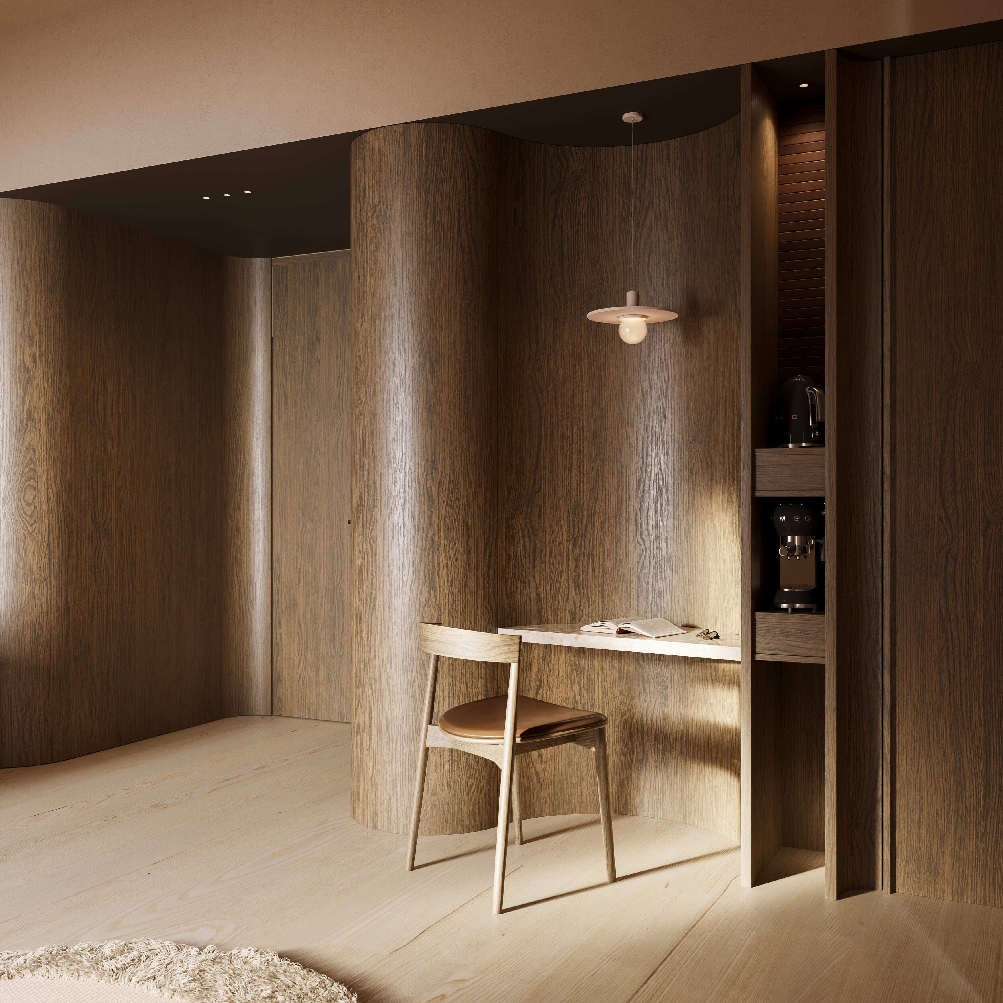 Una habitación moderna con un escritorio de madera, una silla e instalaciones de almacenamiento empotradas.
