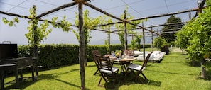 Et udendørs spiseområde med pergola, stole og et bord dækket til et måltid.
