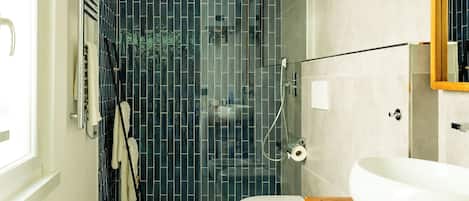 Shower, hair dryer, bidet, towels