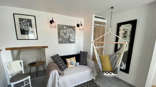 A modern living room with a sofa, a hanging chair, a fireplace, and artwork on the walls.