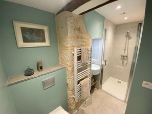Hair dryer, towels, soap, toilet paper