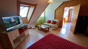Un acogedor espacio tipo loft con televisor, sofá, mesa de centro y alfombra roja.