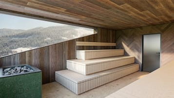 Un interior moderno con techo de madera, un ventanal grande que da a un paisaje nevado y un banco empotrado con escalones.