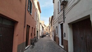 A narrow cobblestone street flanked by buildings with large doors and windows. - Gatto errante (Pesaro)