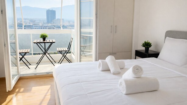A hotel room with a bed, a small table with chairs, a potted plant, and a view of a cityscape through a large window. - Athens View Studio Near Lycabettus Hill by MPS (Athina)