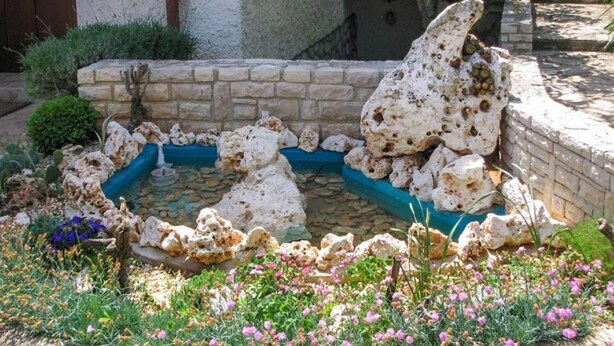 Ein Garten mit Teich, umgeben von Steinen und Blumen.
