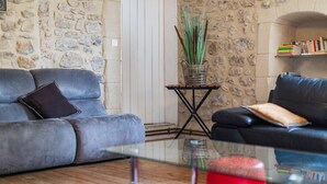 Ein Wohnzimmer mit einer Steinwand, einem grauen Sofa, einem kleinen Tisch mit einer Pflanze und einem Bücherregal.