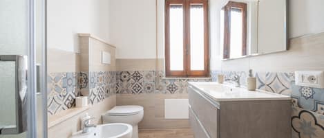 Shower, hair dryer, towels