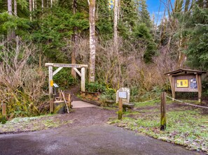 Ein bewaldetes Gebiet mit einem hölzernen Wegweiser, der 'ETILLAMOOK HEAD' zeigt, und einer kleinen Holzhütte mit Informationsschildern.
