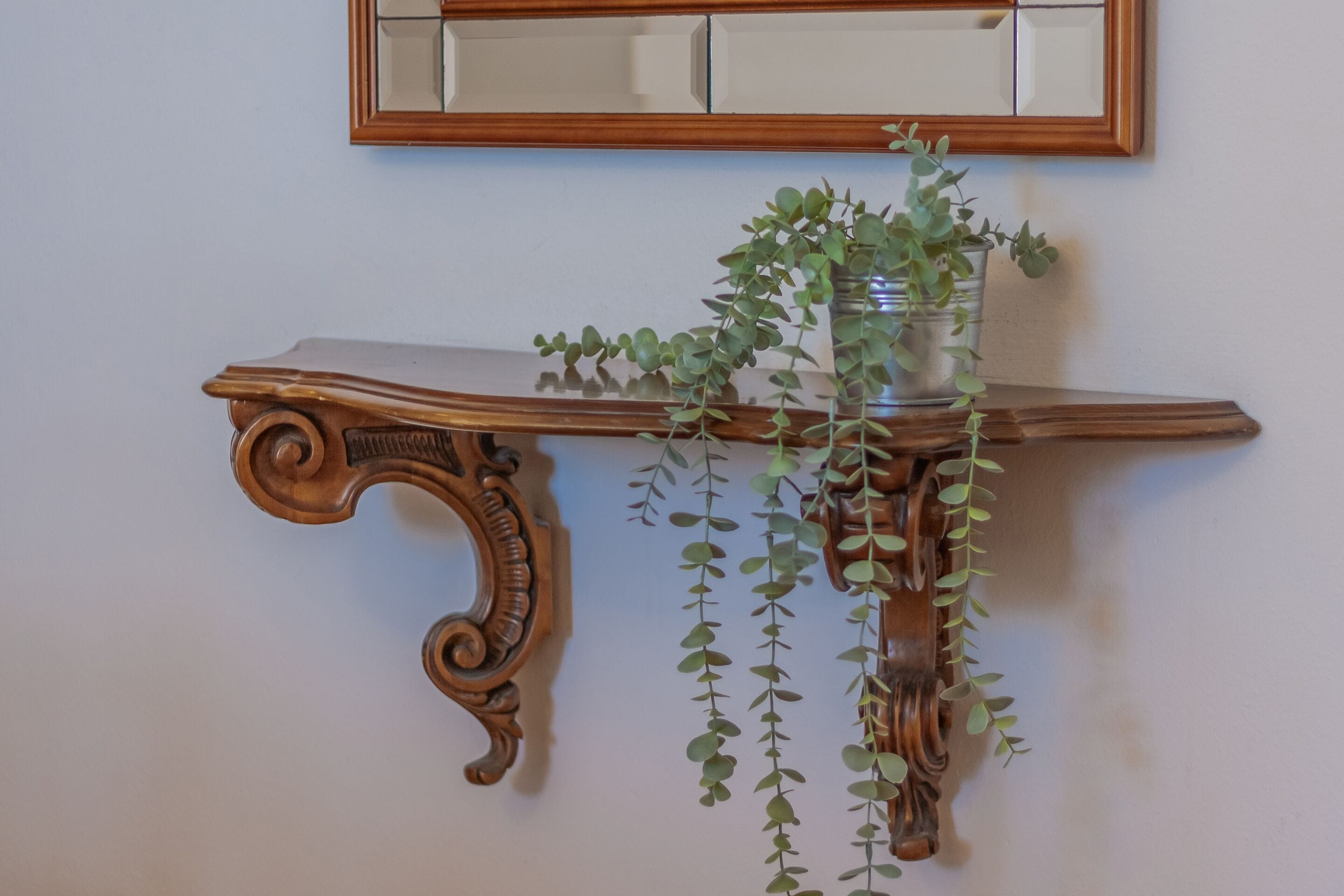 A wooden console table with a mirror above it and a potted plant on the table.