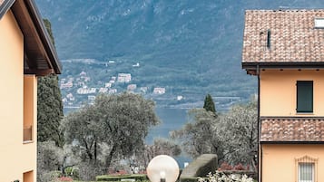 Blick auf eine Stadt mit Gebäuden und einem Berg im Hintergrund.