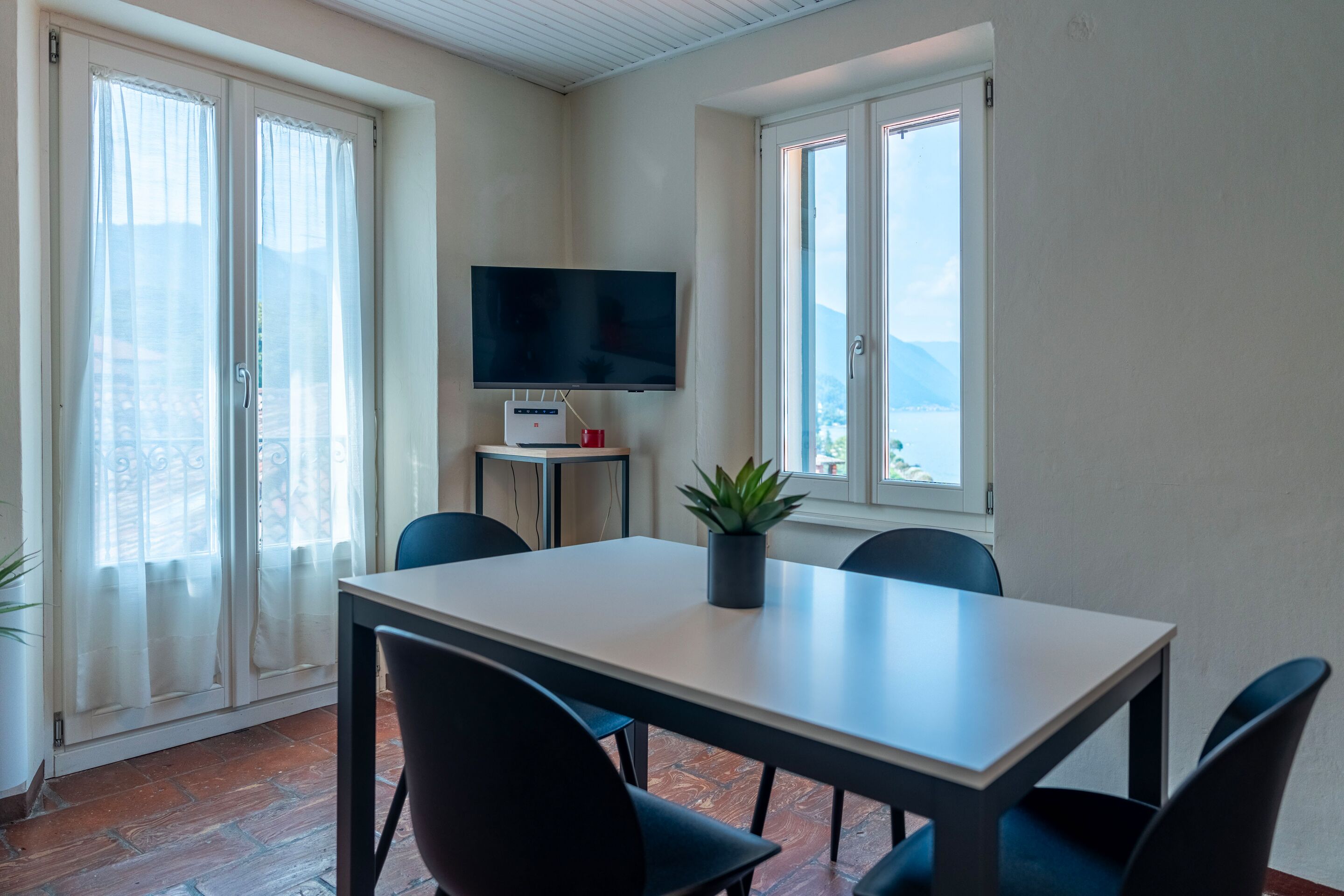 Un comedor con una mesa, sillas, un televisor y una planta.