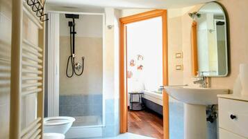 Douche, bidet, serviettes fournies, papier toilette