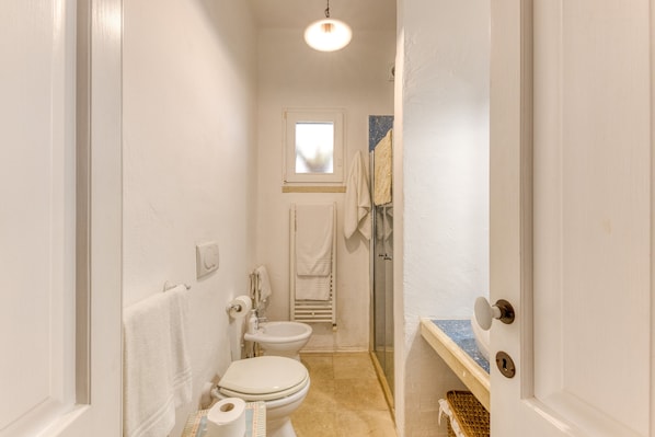Une salle de bain comprenant des toilettes, un bidet et un espace douche.