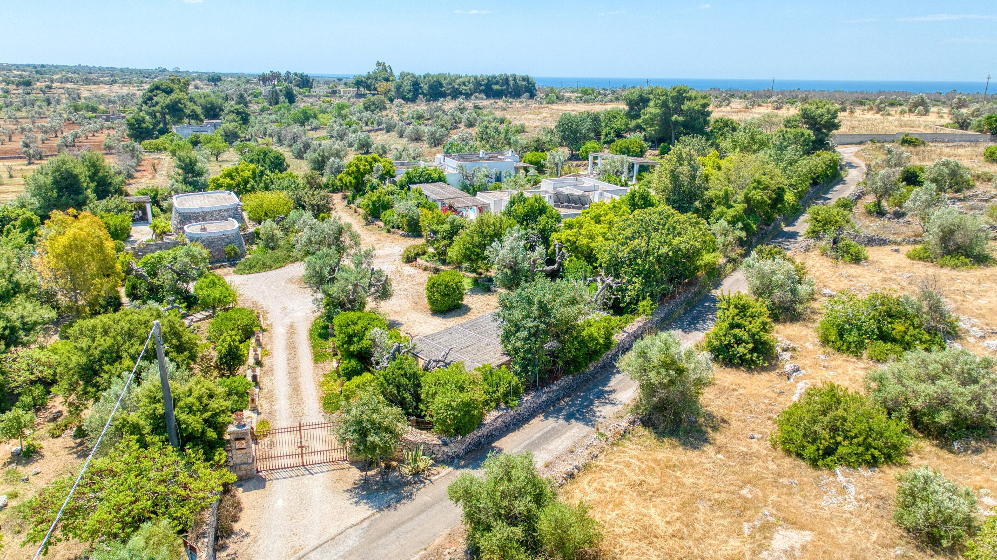 An aerial view of a rural area with scattered buildings, a dirt road, and surrounding vegetation.