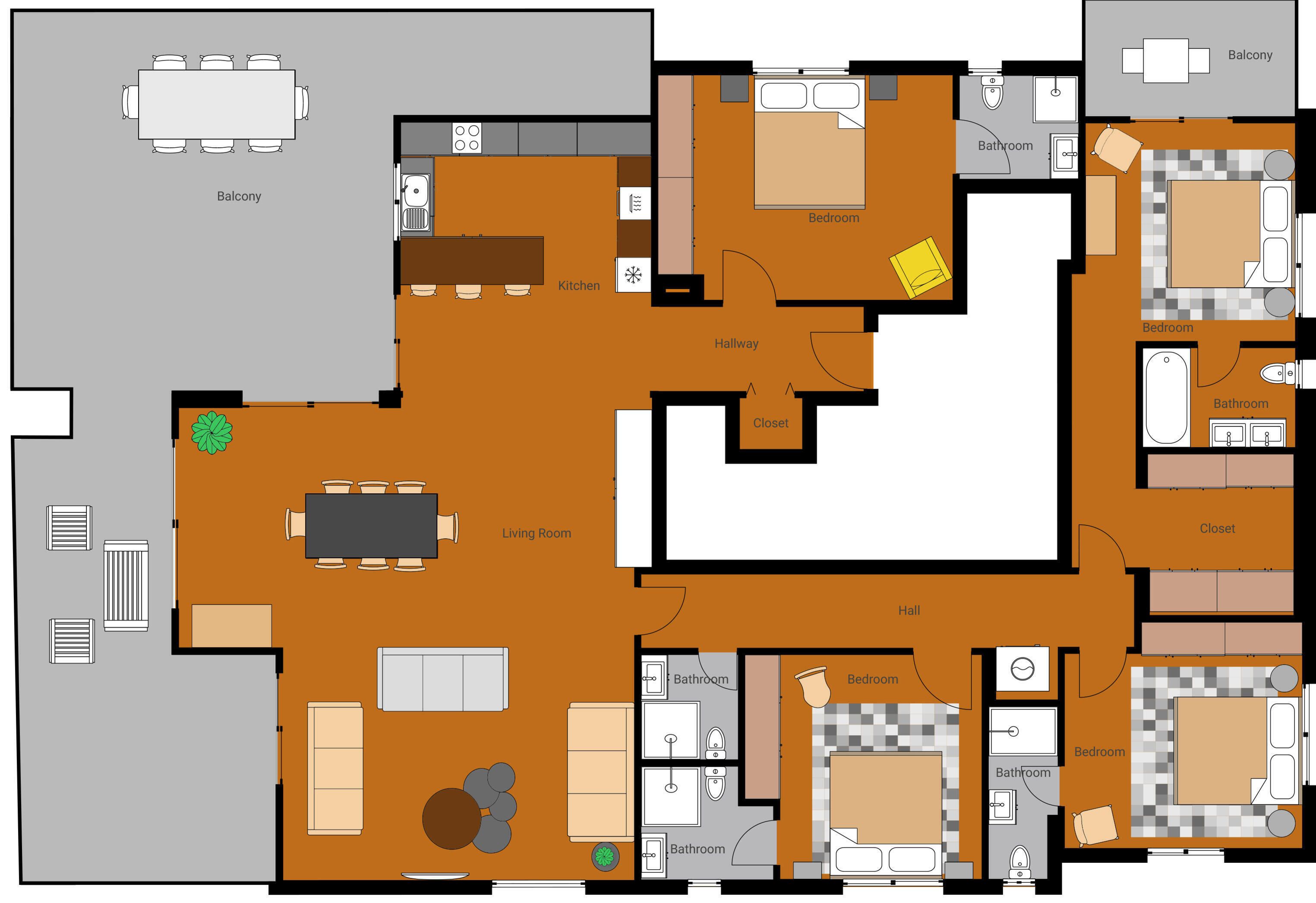 A hotel layout with a balcony, multiple bedrooms, a living room, a kitchen, and a bathroom.