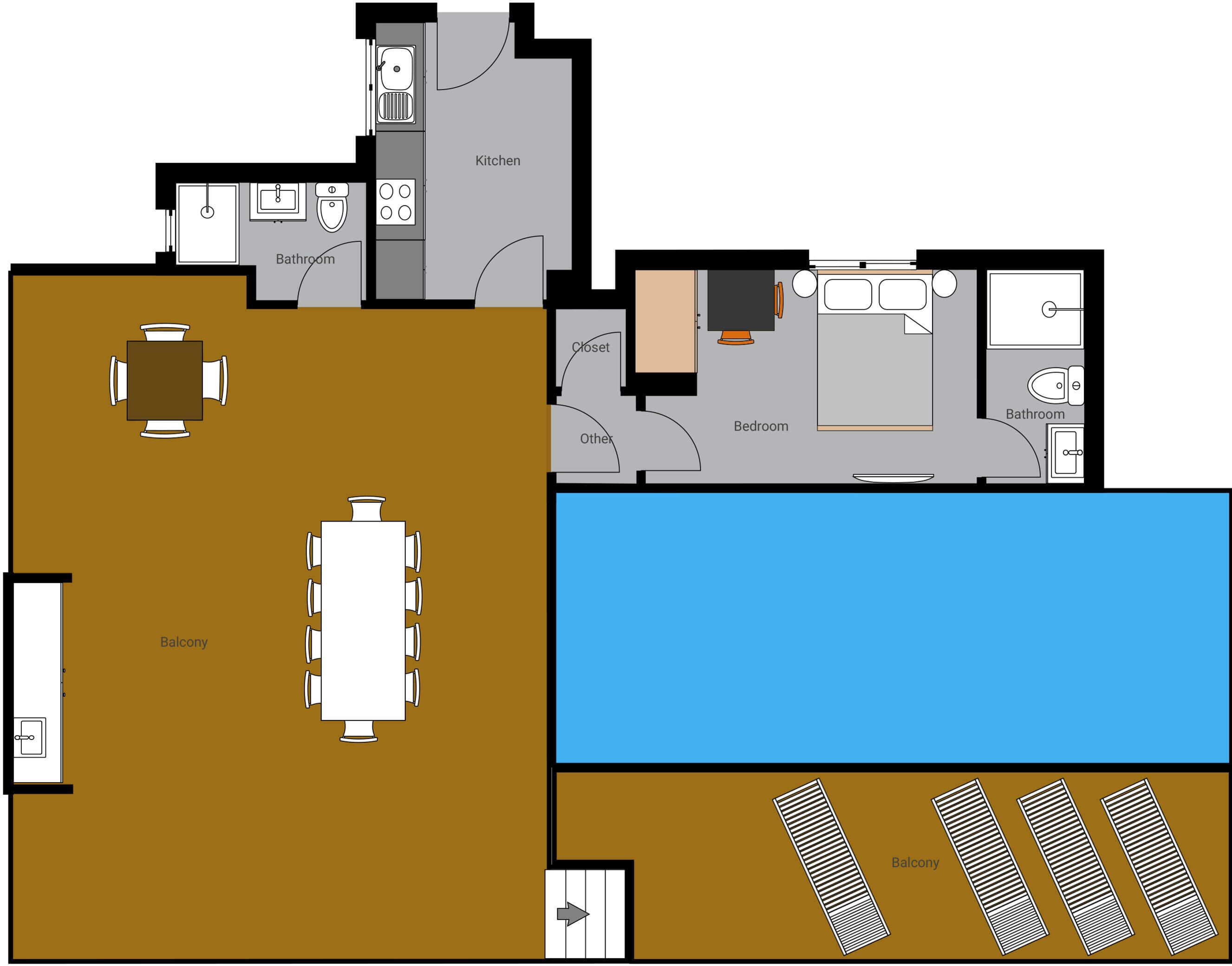 A floor plan with a balcony, a kitchen, a bedroom, and a bathroom.