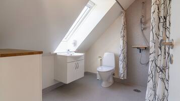 Een kleine, moderne badkamer met dakraam, toilet, wastafel en douche.
