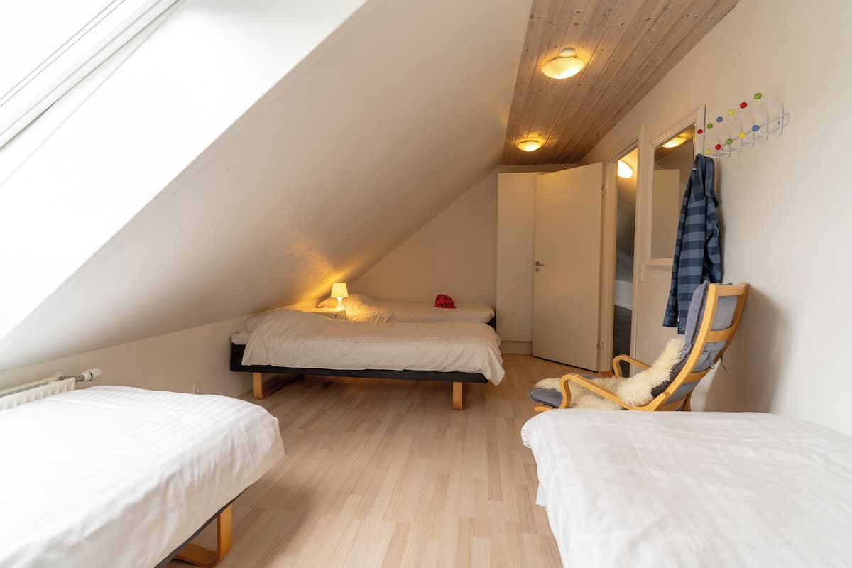 A bedroom with two beds, a wooden ceiling, and a chair.