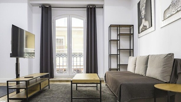 A modern living room with a sofa, a TV, a coffee table, and a bookshelf. - Perfect destination in the historic center (Málaga)