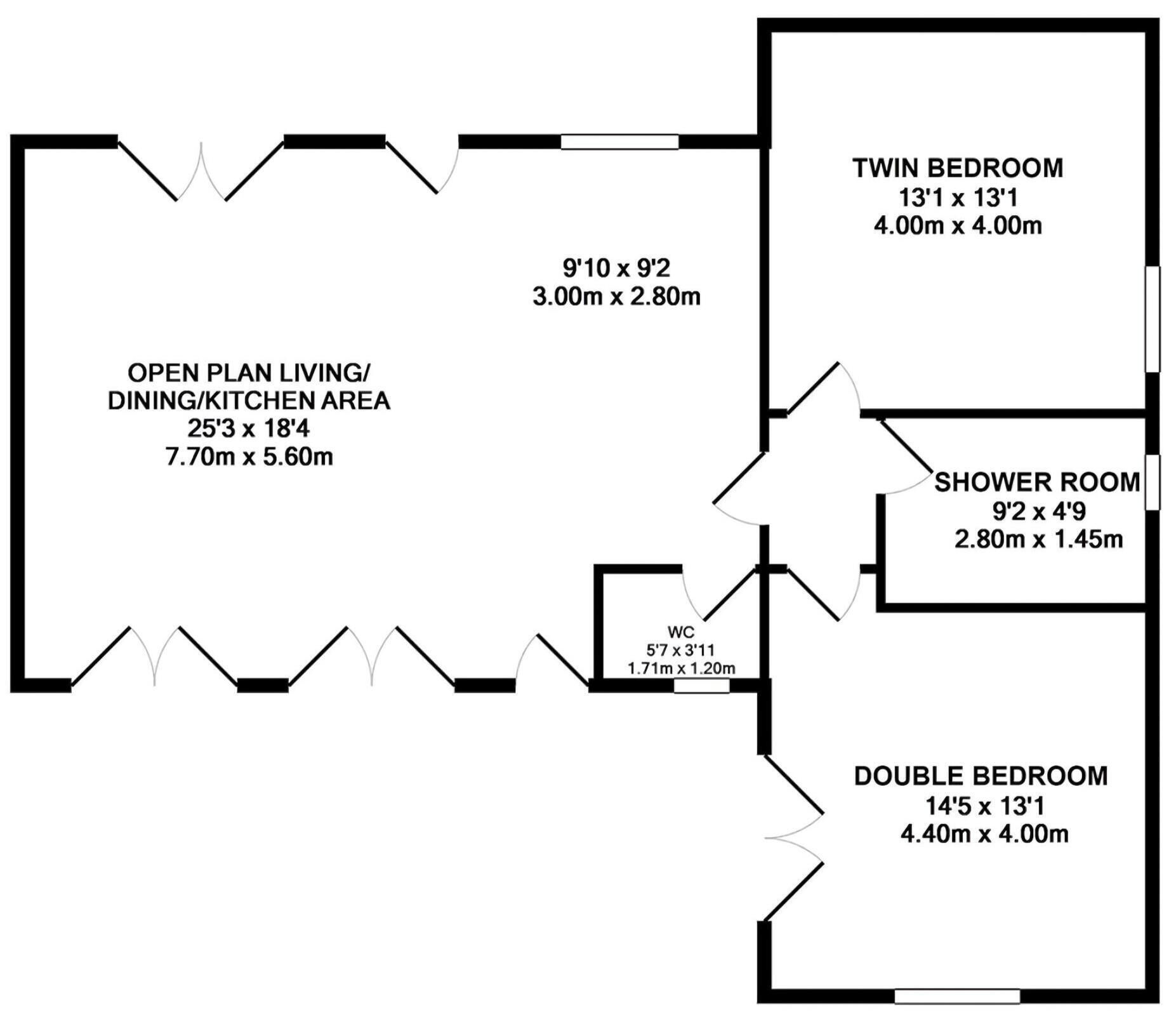 A floor plan with a twin bedroom (13'1 x 13'1), open plan living/dining/kitchen area (25'3 x 18'4), shower room (9'2 x 4'9), and double bedroom (14'5 x 13'1).