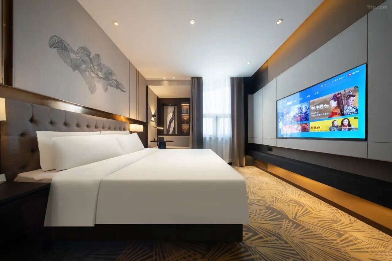 A modern hotel room with a large bed, a flat-screen TV mounted on the wall, and a decorative wall art piece.