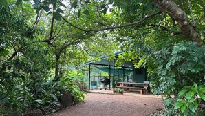 Ein überdachter Außenbereich mit Bank und Grill, umgeben von dichter Vegetation.