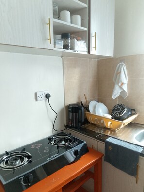 Una cocina compacta con estufa a gas, cafetera y lavaplatos.