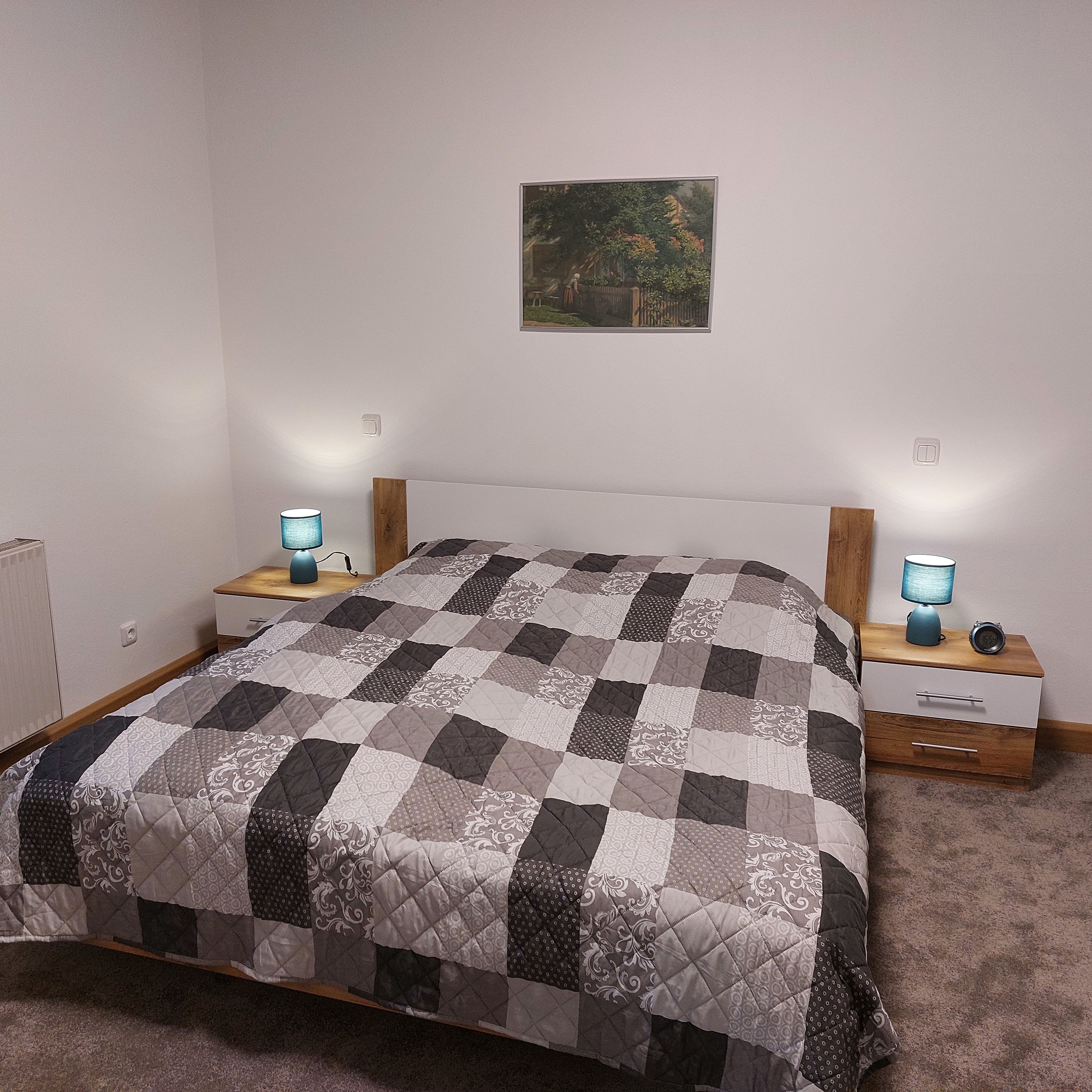 Un dormitorio con una cama, dos mesitas de noche, una lámpara y un cuadro en la pared.