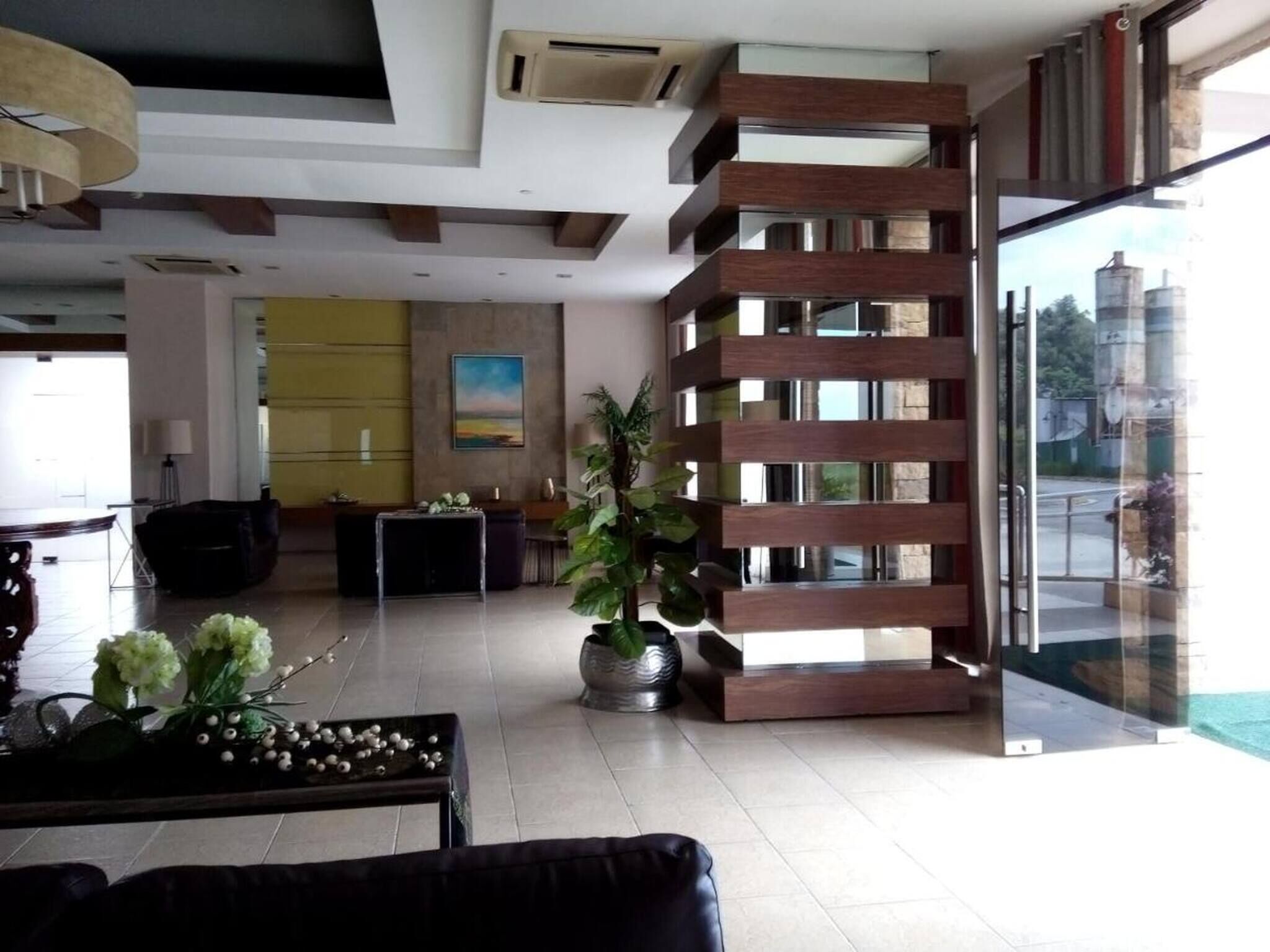 A modern interior with a central seating area, a large potted plant, and a glass partition.