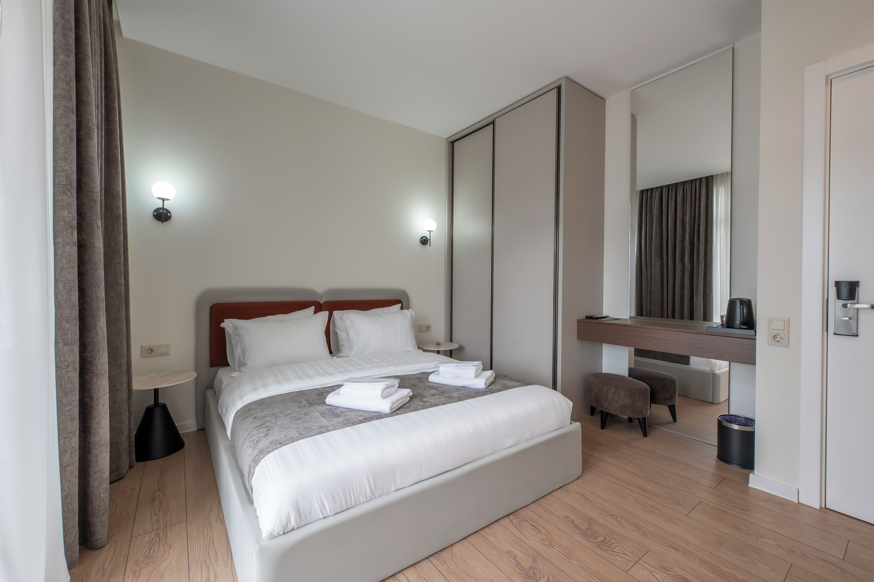 Desk, laptop workspace, blackout curtains, soundproofing